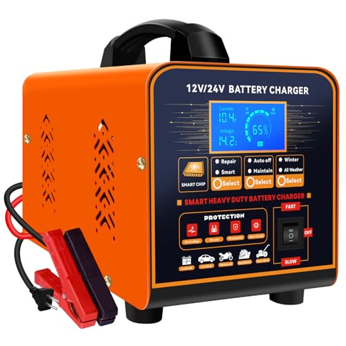 SolaMr 12V/24V Car Battery Charger, 0-20A Motorcycle Battery Maintainer, Intelligent Automatic Charger with Repair, Winter Mode, for AGM Car, Truck, Motorcycle