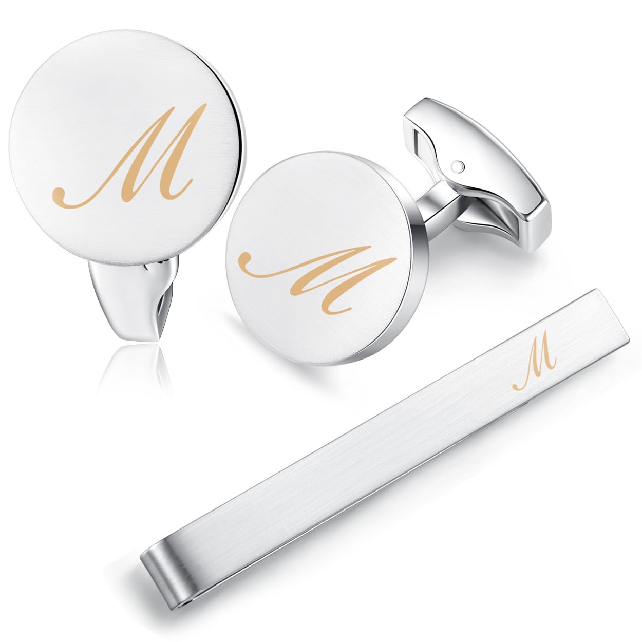 HONEY BEAR Initial Alphabet Letter Cufflinks Tie Clip Set for Mens - Brushed Silver Round Stainless Steel, for Business Wedding Gift A - Z (M)