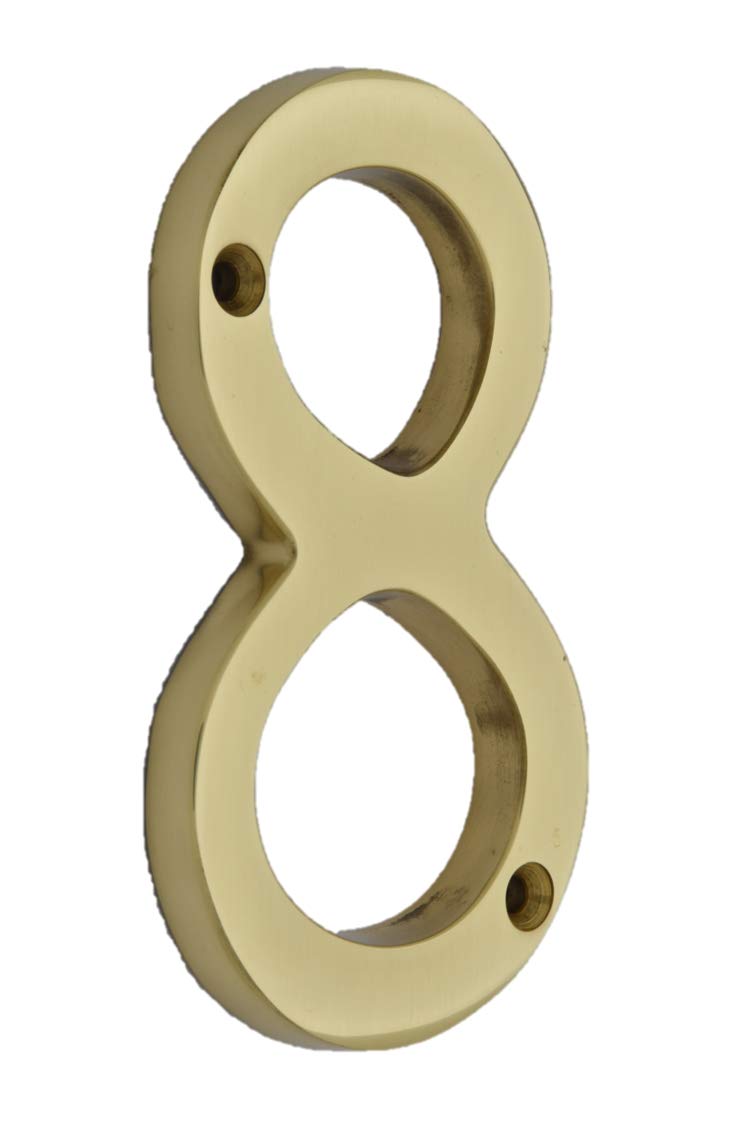 QCAA Traditional Heavy Solid Brass House Number 8, 4", Polished Brass Lacquered, 1 Pack, Made in Taiwan