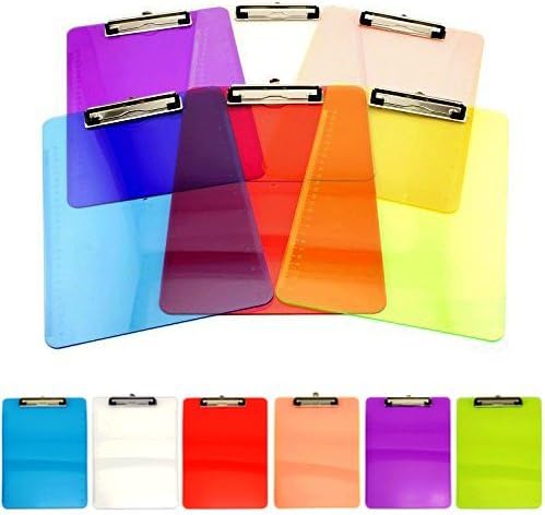 AdoroxSet of 6 Standard Size Clipboards Clear Colorful Transparent Mix Assorted Colors (Multicolored 6 Pack)