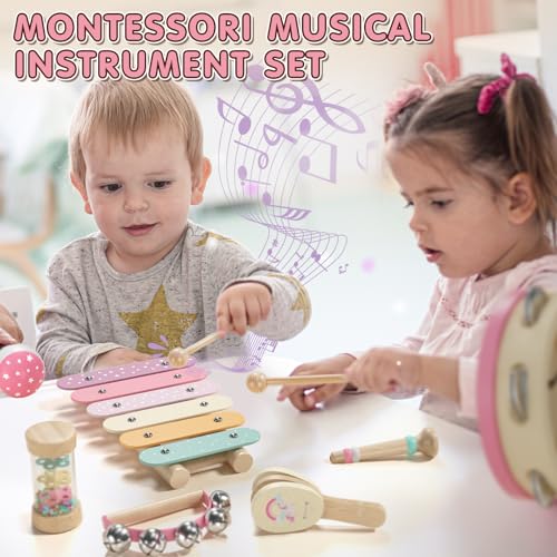 Lehoo Castle Musical Instruments for Children from 1 Year, Girls Montessori Toy Gift 2 3 Years, Children's Wooden Instruments Music Set with Xylophone & Drum