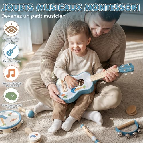 Lehoo Castle Children's Guitar 2 3 Years with Musical Instruments, Wooden Ukulele with Tambourine, Flute, Maracas and Rattle, Montessori Educational Musical Toy Games