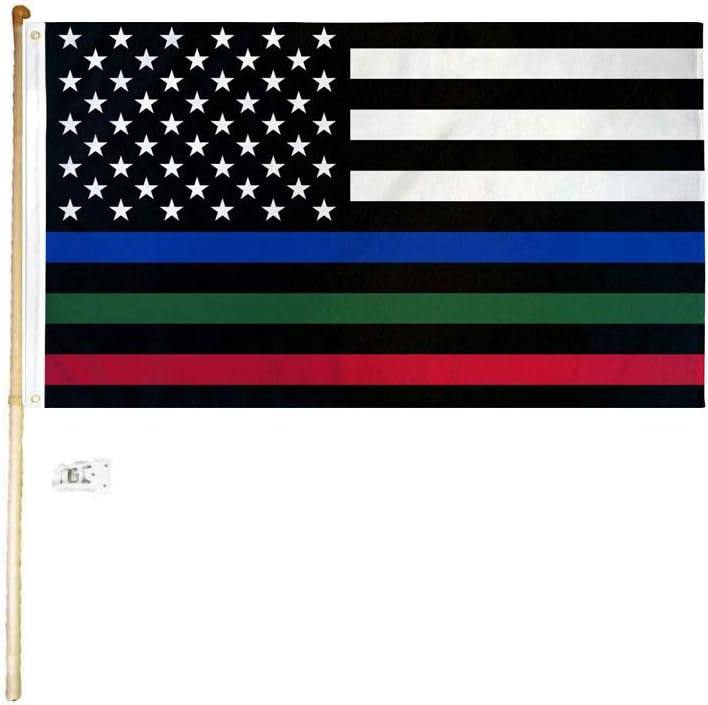 American Wholesale Superstore 3x5 3'x5' USA Thin Blue Green Red Line Polyester Flag with 5' (Foot) Flag Pole Kit with Wall Mount Bracket & Screws (Imported)