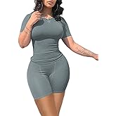 vyolu Lounge Wear Ribbed Casual 2 Piece Tracksuit Set Women Solid Skinny Short Sleeve O-Neck Top+Mid Waist Elastic Leggings