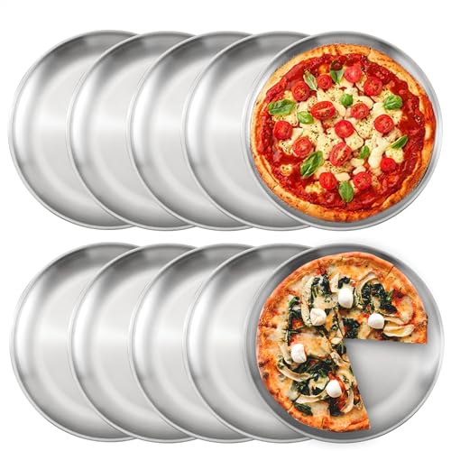 KEJJNYER 10 Pack 8 inch Stainless Steel Pizza Pan Bulk, Non Stick Pizza Pans for Oven Baking, Round Pizza Baking Trays
