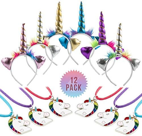 FAVONIR Unicorn Headband Set - 6 Assorted Headwear Party Accessory With Plush Ear And Horns – 6 Unicorn Pendant Necklace For Birthday Girls And Friends – Party Favor Decoration And Cosplay Costume