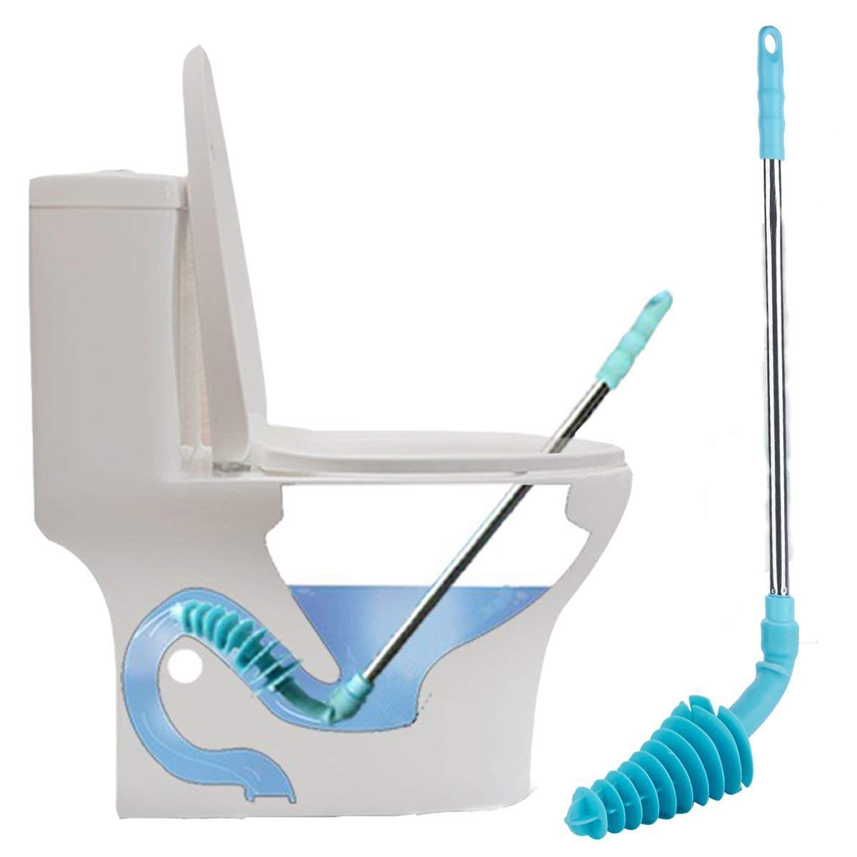 HOMEGOAL Toilet Plunger, Siphon Type Toilet Clog Remover, Flexible Rubber Head Stainless Steel Handle, Toilet Dredge Tool, Squeegee (Blue)