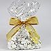 Saybrook Products Gold Stars Cellophane Treat/Party Favor Bags with Twist-Tie Organza Bow. Great for Christmas Holidays.Set of 10 Ready-to-Use, Gusseted 11x5x3 Goodie Bags with Bow. Gold/Clear