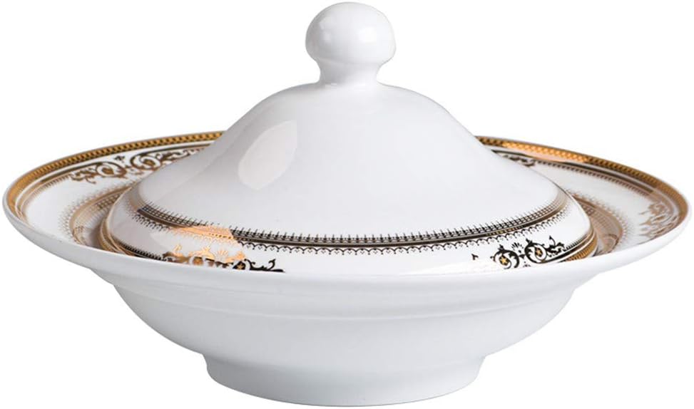 MIAOSSS White Bone China Phnom Penh Plate, Available in 2 Shades of 3 Diameters, Abalone Dish, Shark Fin Soup, Deep Dish with Lid, No Microwave Oven23cm-Deep Plate