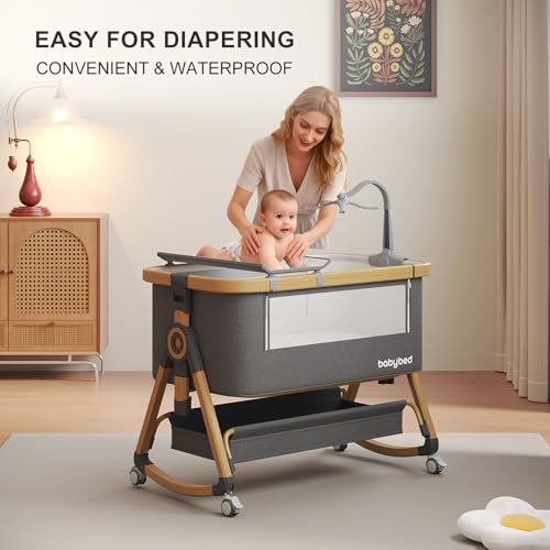 Jimberbay Baby Bassinet, 4 in 1 Bedside Cribs with 4D Air Fiber Mattress & Mosquito Net, Waterproof Mattress Bedside Sleeper Baby Cot with Height Adjustment & Storage Basket, Light Grey