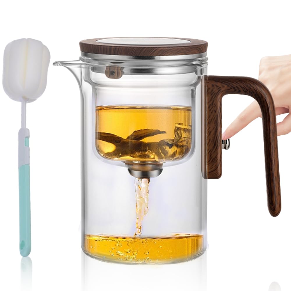 YANGUN Water Separation Glass Teapot with Wooden Handle, Enchantipot Magic Tea Pot with Sponge Brush, Witchcraft Teapot Cup, Press Control Magic Tea Pot for Brewing, Filtering(Transparent)