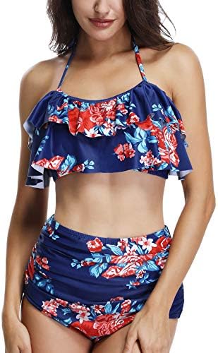 Women Retro Flounce High Waisted Swimsuit Halter Neck Vintage Bikini Set Swimwear