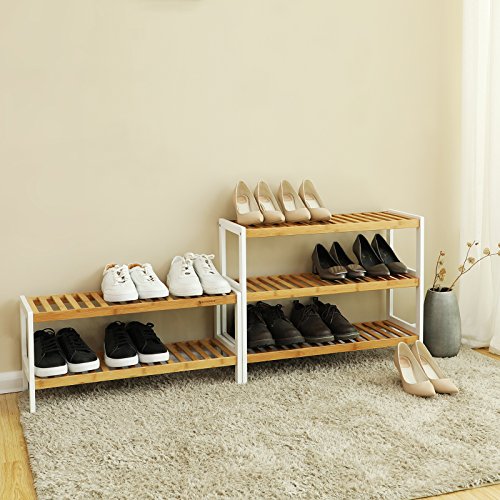 SONGMICS Bamboo Shoe Rack with 3-Level Bathroom Shelving Unit W x H x D: Shoe Cabinet for 12 Pairs 70 x 55 x 26 cm Shoe Rack