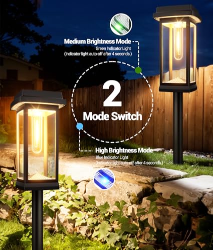 RECHOO Solar Lights for Outdoor Garden Pack of 4, 3000 K Warm White Solar Lights Garden with Metal Ground Spikes & 2 Light Modes, IP65 Waterproof Solar Lights for Outdoors, Garden Decoration, Yard