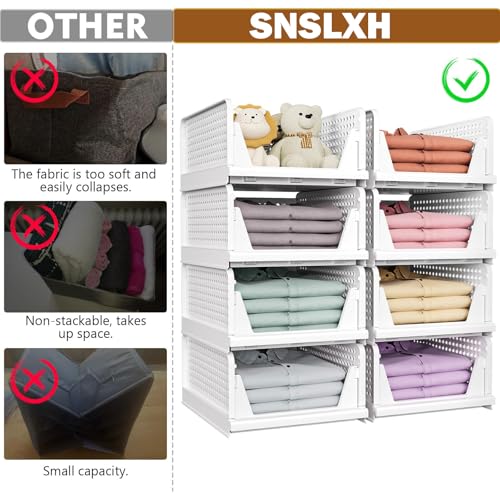 SNSLXH 5 Pack White Stackable Closet Organizer Box, Multifunctional & Foldable Storage Basket for Bathroom, Kitchen, Laundry Room, Wardrobe, Space-Saving Clothes Storage Drawer Organizer