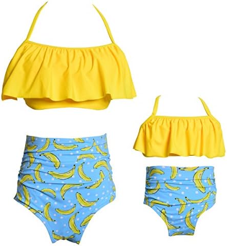 Mommy and Me Swimsuits High Waisted Family Matching Swimwear Baby Girls Floral Printed Bikini Set (4-5T, 01-Yellow-Girl)