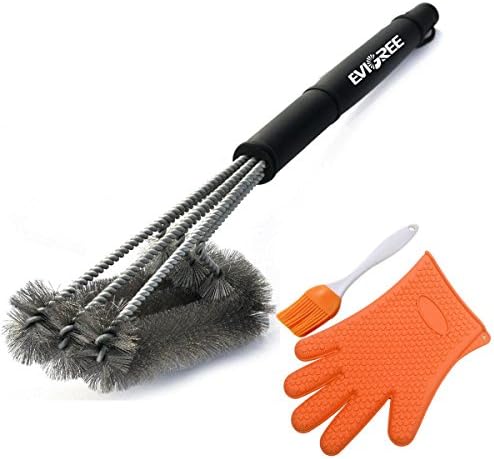EVIGREEN Grillers BBQ Grill Brush 3 in 1 heavy duty cleaner Stainless Steel Woven Wire Bristles with heat resistant 18 Inch handle with free basting brush and glove Ideal for All Barbecue Lovers