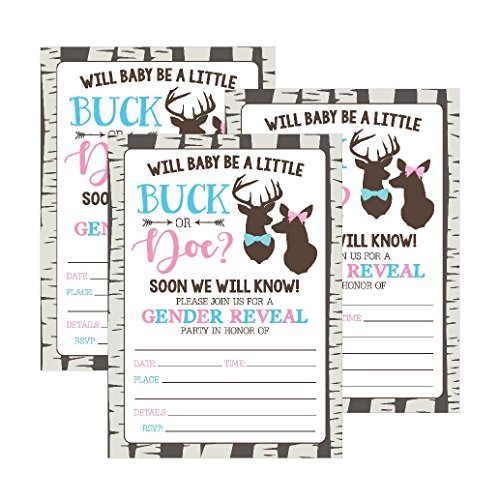Hadley Designs 25 Buck or Doe Deer Gender Reveal Baby Shower Party Invitation Cards Pink Blue He She Personalized for Unisex Invite Guess If It's a Boy or Girl Fill In The Blank Printable Invite Pack