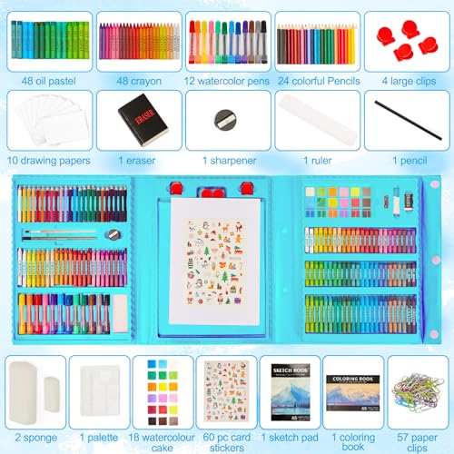 KINSPORY Art Supplies, 290 Pack Art Sets Crafts Drawing Coloring kit, Double-Side Trifold Easel, Oil Pastels, Crayons, Colored Pencils, Creative Gift for Beginners Artists Girls Boys Kids (Blue)