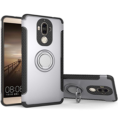 Huawei Mate 9 Case, SUNGUY Armor Dual Layer Heavy Duty Shockproof Protection Case with 360 Degree Rotating Finger Ring Holder and Magnet Car Holder Cover Case for Huawei Mate 9 - Silver