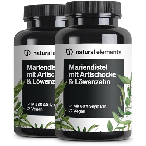natural elements Mariendistel Artischocke Löwenzahn Komplex (2er Set) - 2x 120 Kapseln - Hochdosiert mit 80% Silymarin - Ohne Magnesiumstearat, vegan 