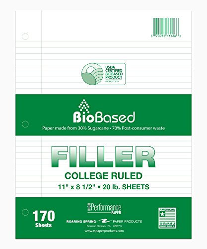 Case of 24 Packs of Biobase Filler Paper, 8.5"x11", 170 Sheets Per Package of 20# White Paper 3-Hole Punched, College Ruled W/Margin