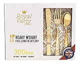 300 Pieces Premium Gold Plastic Silverware from Royal Party | Disposable Heavyweight Plastic Cutlery | Full Length Flatware Set - Includes 100 Forks, 100 Spoons, 100 Knives.