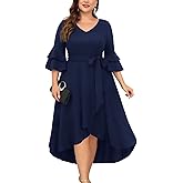 Plus Size Wedding Guest Dress - Semi Formal Double Bell Sleeve V Neck High Low Split Ruffle Cocktail Dresses with Belt