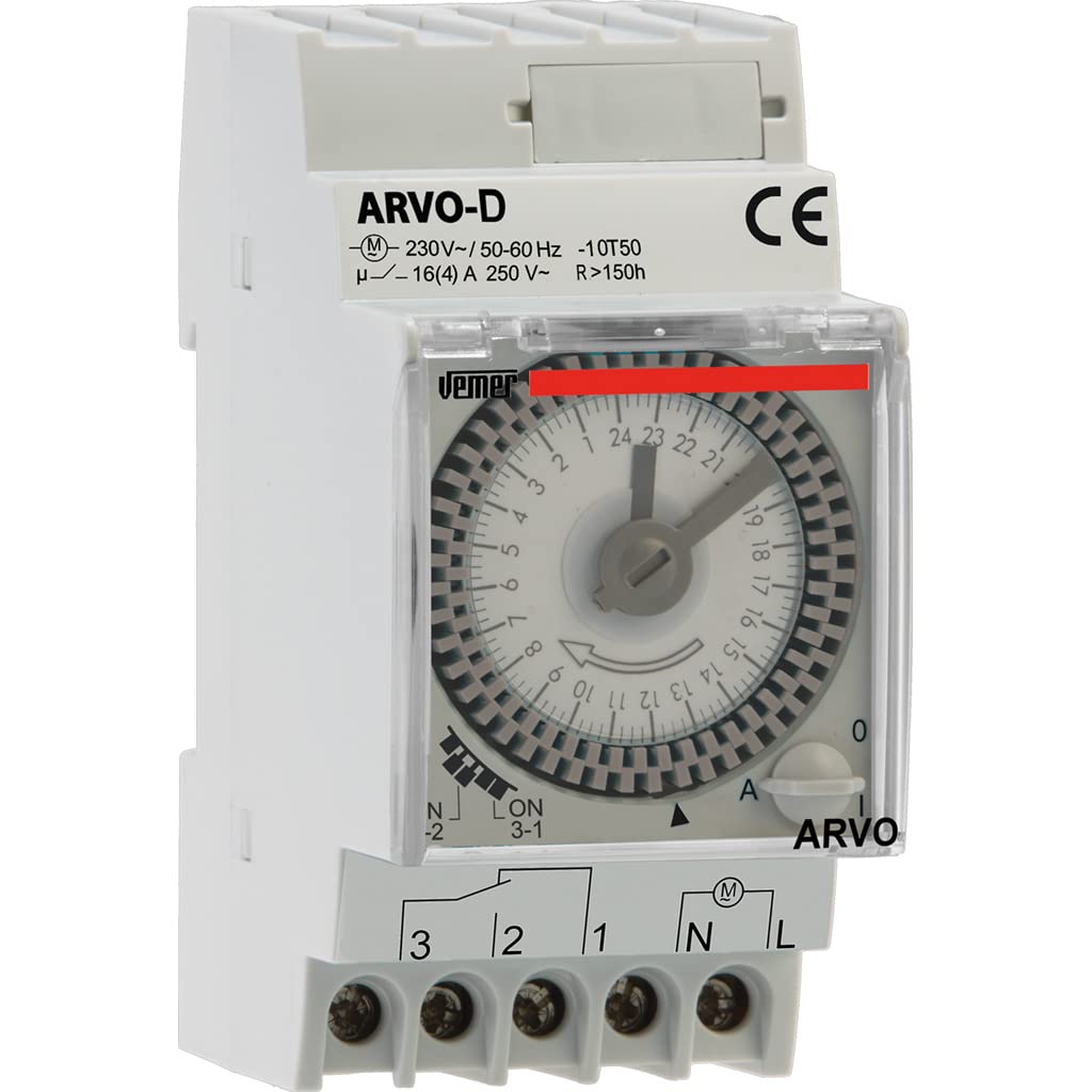 VEMER VP882500 model ARVO-D Electromechanical time switch with daily programming. DIN rail mounting. Color grey