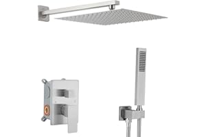 JingGang Brushed Nickel Shower System 12 Inch Bathroom Luxury Rain Mixer Shower Combo Set Wall Mounted Rainfall Shower Head and Handheld System Shower Faucet Set Rough-in Valve Body and Trim Included