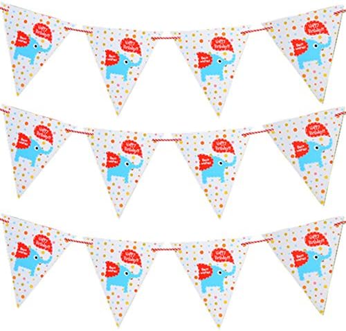 Happy Birthday Party Supplies Banner for Kids Birthday Party Decoration, Polka Dot Elephant Print Pennant Flag Banner
