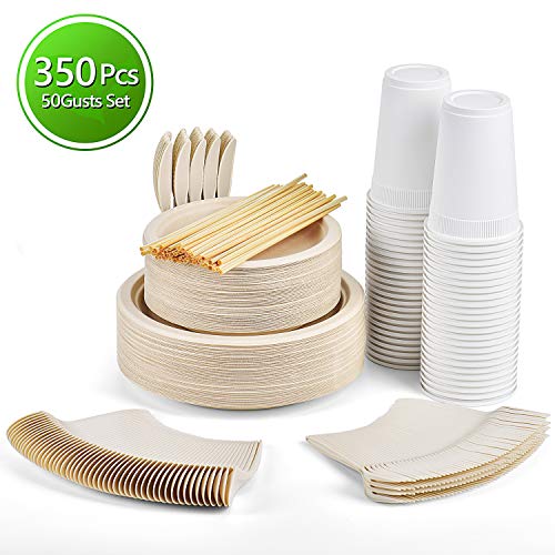 Gezond 350Pcs Disposable Dinnerware Set, Eco-friendly Dinnerware Includes Compostable Biodegradable Plates, Forks, Knives, Spoons, Cups and Straws for 50 Guest Party, Birthday, Picnic - Thumbnail 7