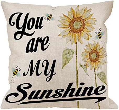 UTF4C You Are My Sunshine Pillow Case, Quote with Bees and Yellow Sunflowers Cotton Linen Cushion Cover Square Standard Home Decorative for Men/Women/Kids 18x18 inch White Black Yellow
