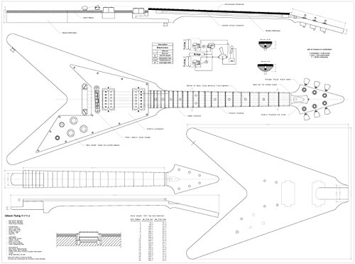 Set of 4 Electric Guitar Plans - Gibson Explorer, Gibson Les Paul, Gibson Firebird Studio, Gibson Flying V --- all Full Scale - Actual Size- Making Guitar or Framing BUY ONLY FROM SPIRIT FLUTES -