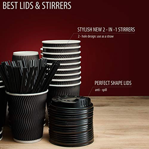 Insulated Disposable Coffee Cups with Lids & Straws 12 oz, 100 Packs - Paper Cups for Hot Beverage Drinks To Go Tea Coffee Home Office Car Coffee Shop Party - FDA Approved (black)