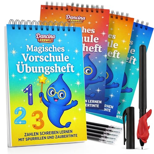 Magic Preschool Exercise Books from 5 for Boys and Girls - Playful Letters, Words & Numbers Learn to Write with Magic Ink & Ruts - 4 Preschool Books with Pen