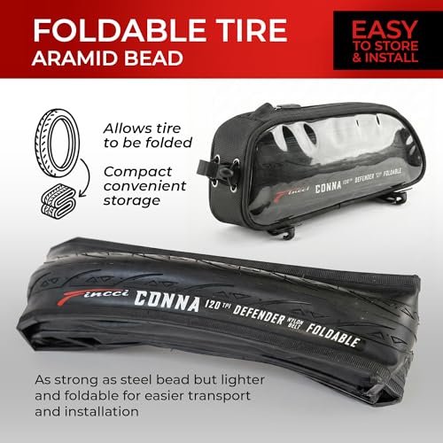 Fincci Pair of Road Bike Tyres 700x25c (25-622) - Professional 120 TPI High Performance - Ultralight Folding Tyres 250g with Anti-Puncture Protection - Black