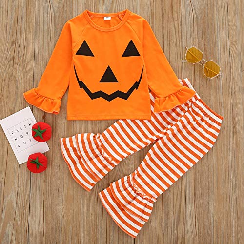 Halloween Baby Girls Outfit Toddler Long Sleeve Top Blouses Flare Pants Pajamas Clothes Set Pumpkin Printed 2 Pieces Yellow 18-24M