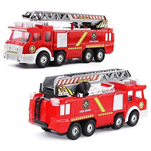 Electric Fire Truck Toy with Shooting Water, Lights and Sirens Sounds, Extending Ladder and Water Pump Hose to Shoot Water, Bump and Go Action