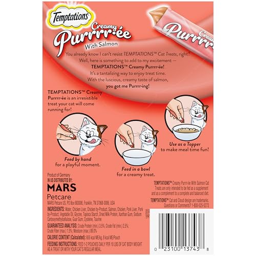 TEMPTATIONS CREAMY PUREE SQUEEZABLE LICKABLE CAT TREATS, WET CAT TREATS WITH SALMON, 0.42 OZ. TUBES, 4 COUNT