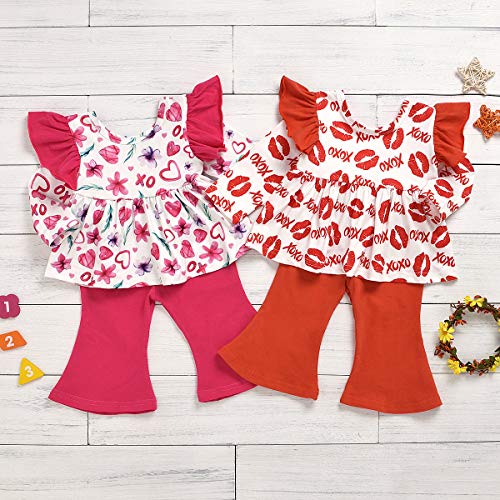 Valentine's Day Kids Little Toddler Baby Girls Outfit Heart Ruffled Dresses Shirt+Stripe Flares Pants 2Pc Clothes Set (Red, 12-18 Months)