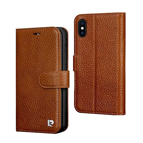 iPhone Xs Max Wallet Case, Pierre Cardin Genuine Leather Folio Flip Cover Case with Card Holder & Magnetic Closure & Kickstand for Men Women Full Protective Compatible Apple iPhone Xs Max - Brown