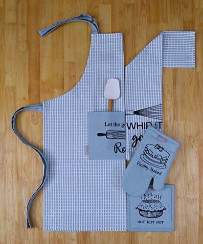 CASA DECORS Set of Apron, Oven Mitt, Pot Holder, Kitchen Towel in a Baking Fun Design, Made of 100% Cotton, Eco-Friendly & Safe, Value Pack and Ideal Gift Set, Kitchen Linen Set