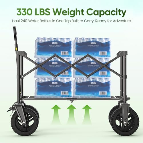 Festival Trolley, 300L Folding Beach Trolley Cart with Adjustable Tailgate, 360° Wheels and Brake Load up 150KG, Adjustable Handle Cover Bag, All-Terrain Wagon or Beach Camping Garden