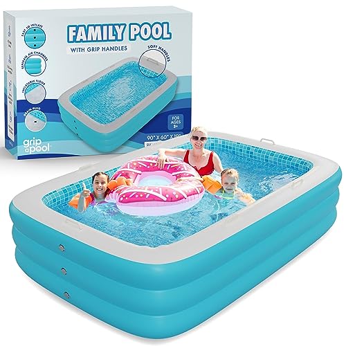 Inflatable Pool for Adults and Kids with Comfortable Padded Soft Floor Blow Up Bottom, Convenient Handles, and Drain - 90"x60"x19" (7.5'x5') - Large Family Size Backyard Swimming Pool for Kids Ages 3+