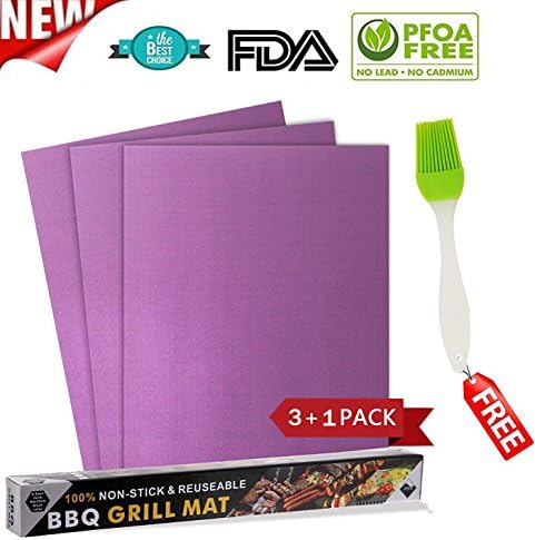 Rainbow Series Grill Mat with Free Silicone Basting Brush - Non-stick BBQ Grill Mats &amp; Baking Mats,Heat Resistant,Reusable-Work on Gas,Electric Barbeque,Charcoal,Oven-16 x 13 Inch(Purple) - Set of 3