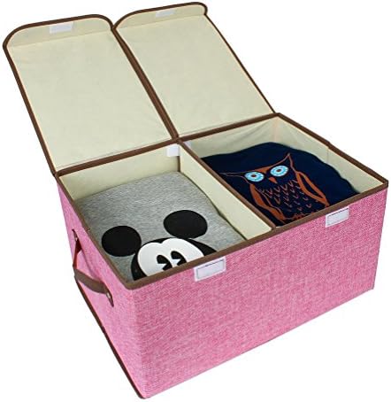 Kenather Collapsible Clothing Storage Box Closet Organizer with Cover Fabric Dust-Proof Divided 2 Compartments Rose