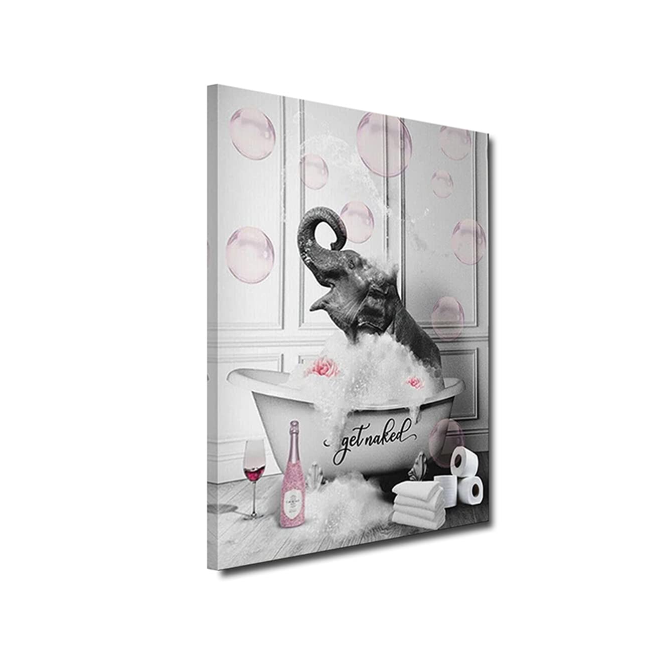 ZHONGYUTONG Bathroom Wall Art-Elephant In Bathtub with Pink Bubbles Funny Animals Giclee Canvas Prints Black and White Wall Decor Modern Artwork for Home Decorations Framed (Poster-2, 12"x18")
