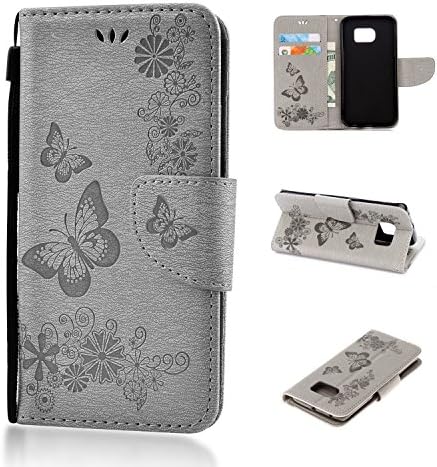Galaxy S6 Edge Case, Galaxy S6 Edge Wallet Case,EvaTech Embossed Wallet Flip Case Fashion Floral Butterfly Premium PU Leather Cover, Magnetic Clasp, Card Holders for Samsung Galaxy S6 Edge (Grey)