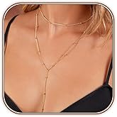 HAXIYA Lariat Gold Necklace for Women Dainty Long Necklace 14k Gold Plated/Silver Y-Shaped Pendant Drop Chain Trendy Layered Pearl/Beaded/CZ Necklaces Simple Gold Jewelry For Women Gift